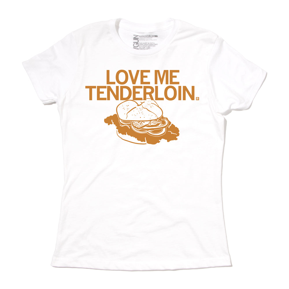 Love Me Tenderloin Pork Sandwich State Faire Iowa Des Moines Food Drink Bread Fried Tender White Brown Sienna Pickles Onions Midwest City T-Shirt Raygun Standard Unisex Snug