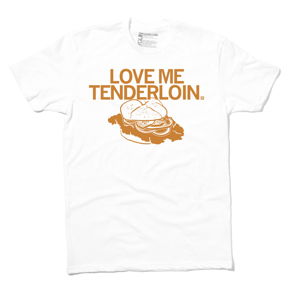 Love Me Tenderloin Pork Sandwich State Faire Iowa Des Moines Food Drink Bread Fried Tender White Brown Sienna Pickles Onions Midwest City T-Shirt Raygun Standard Unisex Snug