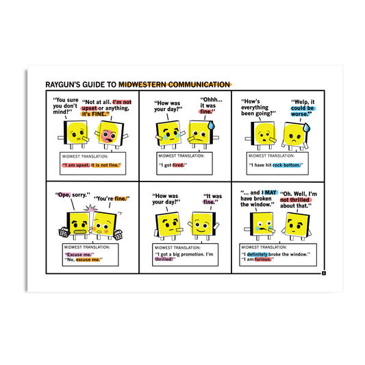 A RAYGUN postcard titled Rayguns Guide to Midwestern Communication, featuring six comic panels of yellow square characters translating polite Midwestern phrases into their blunt, true meanings.