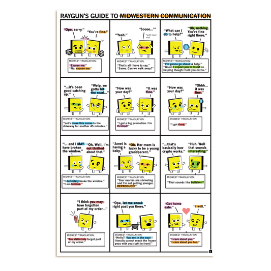 A RAYGUN poster titled Rayguns Guide to Midwestern Communication featuring twelve panels of yellow square characters demonstrating the true meanings behind common Midwestern phrases.