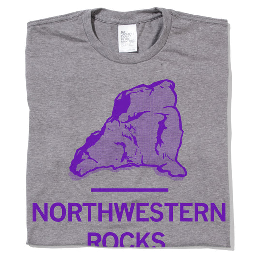 Heather grey T-shirt featuring a purple rock graphic and the text NORTHWESTERN ROCKS.