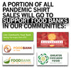 Text stating a portion of pandemic shirt sales supports community food banks, shown on a scarlet red screen print. Followed by logos for Linn Community Food Bank, Harvesters, Food Bank of Iowa, Food Bank for the Heartland, and Chicago Food Depository.