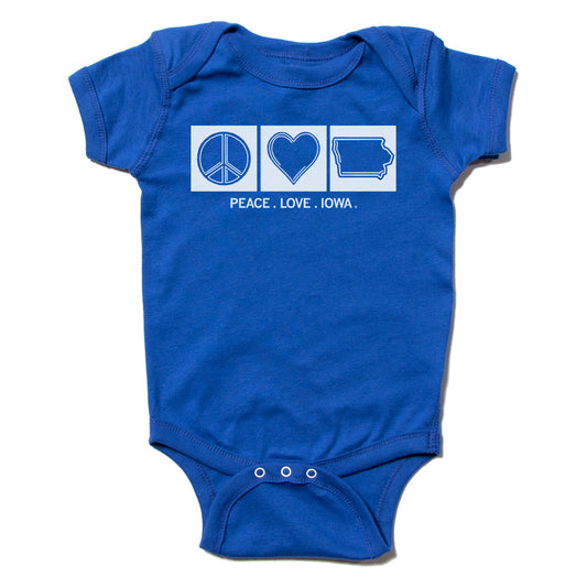 Blue union made baby onesie with a graphic featuring a peace sign, a heart, and the shape of Iowa, captioned PEACE . LOVE . IOWA.