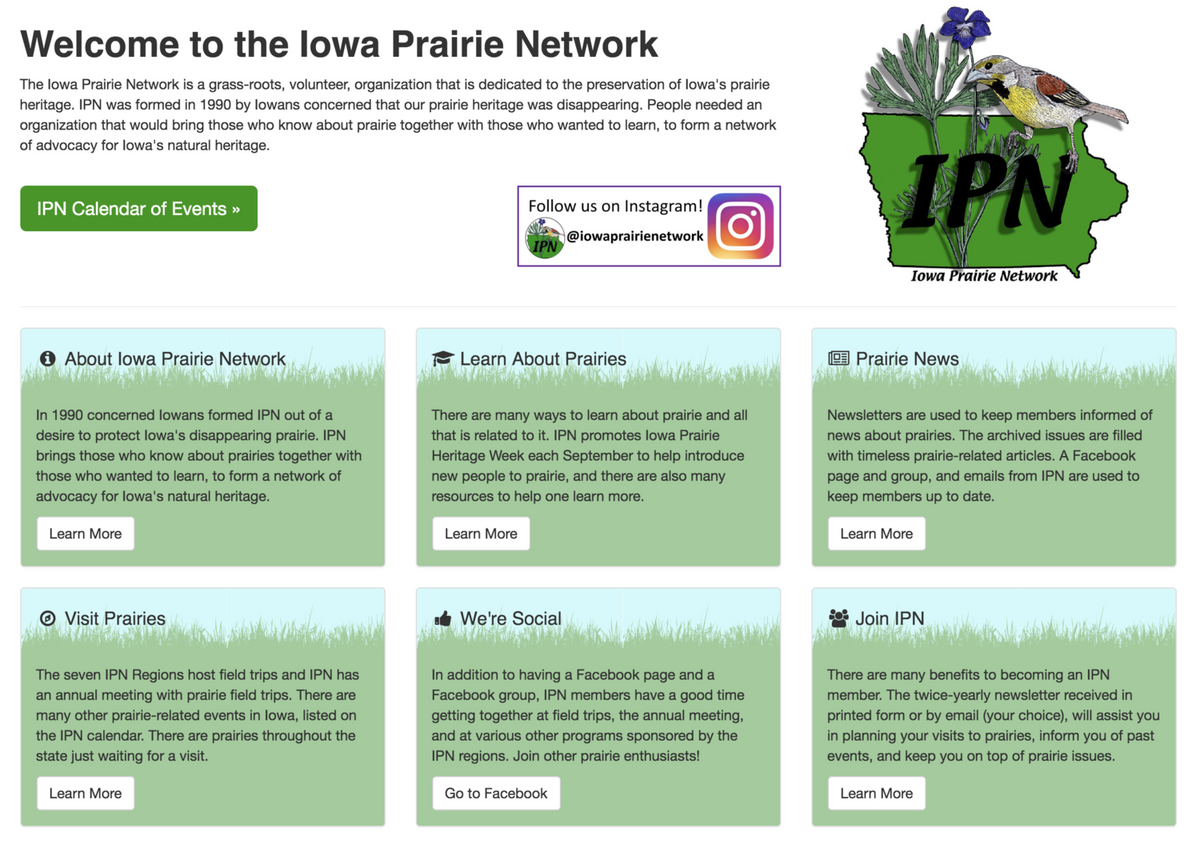 The Iowa Prairie Network website features an organization overview, event calendar, social media links, and information on prairie education, news, field trips, and membership to help preserve the beauty of Midwestern prairie flowers.