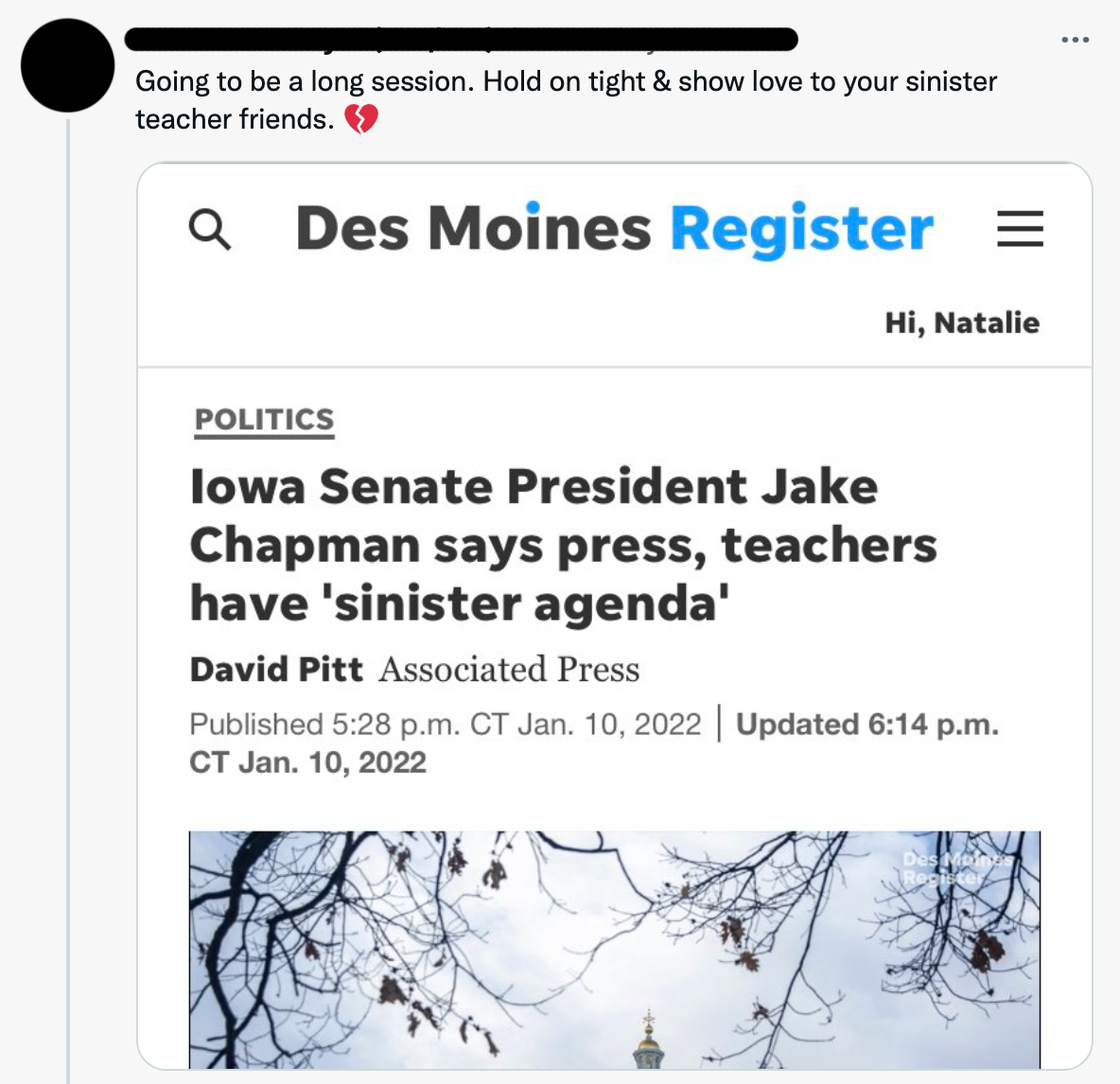 A screenshot of a Des Moines Register article headline reading Iowa Senate President Jake Chapman says press, teachers have sinister agenda, displayed above a union made heather grey t-shirt.