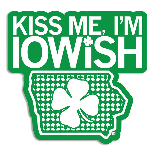 Kiss Me, I'm Iowish Irish Celtic Saint Patrick's Day St. Patty's Holiday Clover Green White Iowa State Des Moines Midwest Raygun Die-Cut Sticker Stickers