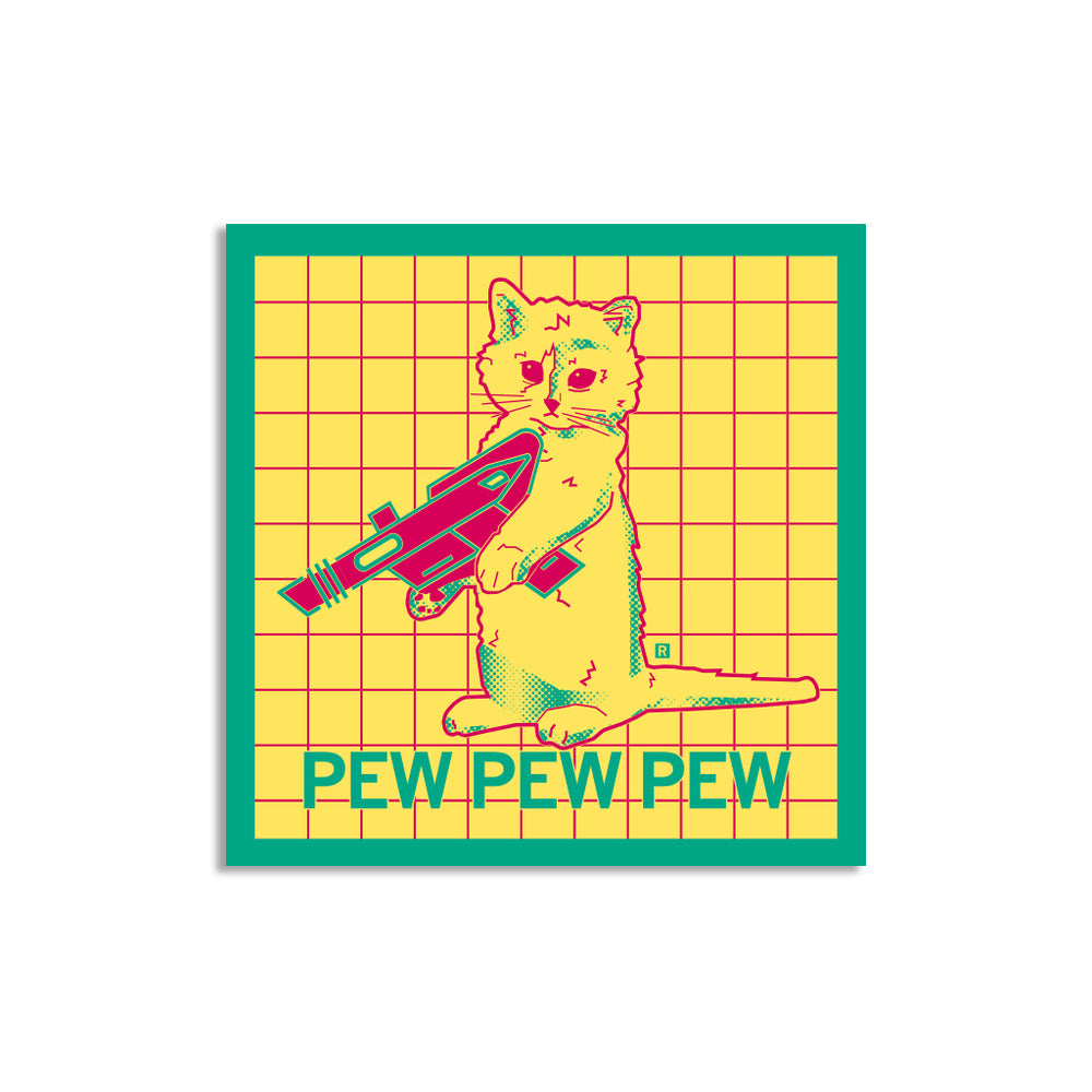 Vaporwave Gary the Cat Goes Pew Pew Pew Raygun Retro Vaporwave 80s Watermelon Yellow Sticker Pets Cats