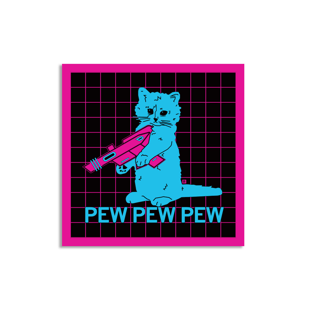 Gary The Cat Goes Pew Pew Pew Vaporwave Retro 80s Black Cat Pet Raygun Sticker