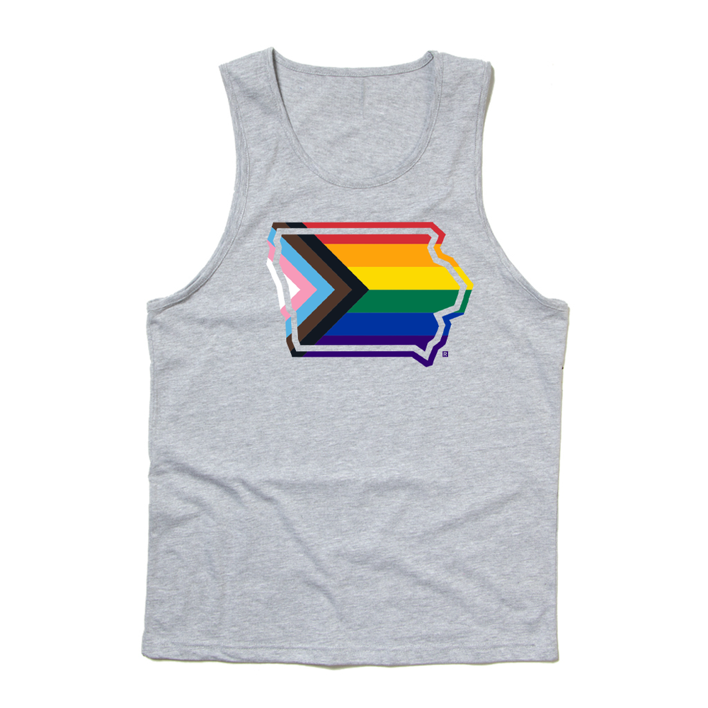 Iowa Outline Progress Pride Flag Tank Top